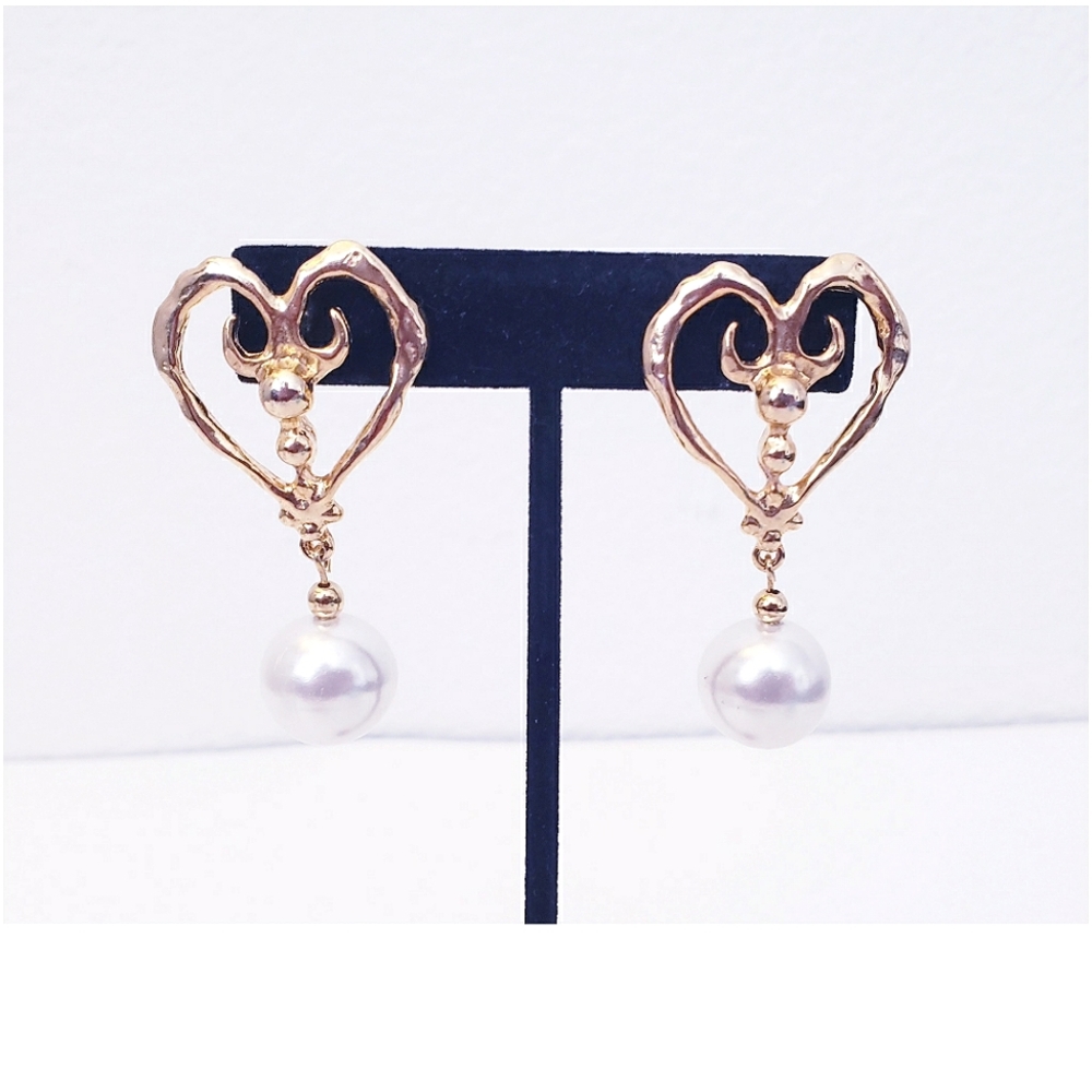 Gold and White Heart Pearl Drop Earrings